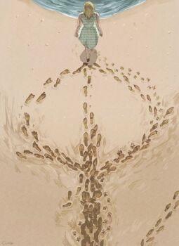 1girl barefoot beach blonde_hair crrr-lake dress footprints highres laura_vanderboom medium_dress medium_hair multicolored_dress outdoors paw_print print_dress rusty_lake sand scenery sleeveless sleeveless_dress solo unmoving_pattern water