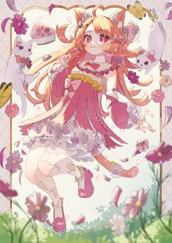 Rule 34 | 1girl, :3, ahoge, animal, animal ear fluff, animal ears, bare shoulders, blush, bow, bowtie, bug, butterfly, cake, cake slice, cat, cat ears, cat girl, cat tail, closed mouth, commentary, detached sleeves, dress, food, frilled dress, frills, full body, hand up, highres, insect, long hair, long sleeves, looking at viewer, nail polish, orange hair, original, parted bangs, pink dress, pink eyes, pink shoes, pink sleeves, red bow, red bowtie, red nails, see-through clothes, see-through sleeves, shoes, sleeveless, sleeveless dress, smile, socks, solo, symbol-only commentary, tail, tsukumi bis, twitter username, white socks, yellow butterfly