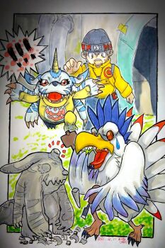 ! !! 1girl 2021 3boys arms_up artist_request bird cockatrimon dated digimon digimon_(creature) digimon_world gabumon grabbing_from_behind hammer highres holding holding_hammer looking_at_another mameo_(digimon) multiple_boys open_mouth restrained sculpture sharp_teeth short_hair simple_background teeth traditional_media trapped what wings