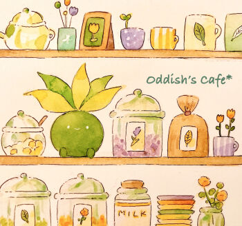 character_name closed_mouth commentary_request cup flower gen_1_pokemon highres milk mug nintendo no_humans oddish painting_(medium) pokemon pokemon_(creature) shelf smile solid_oval_eyes teapot traditional_media watercolor_(medium) white_eyes yukichi_0611