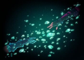 1boy 1girl arm_guards bandaged_arm bandages black_background black_gloves bracelet close-up cloud_strife commentary english_commentary final_fantasy final_fantasy_vii final_fantasy_vii_remake fingerless_gloves from_side gloves gradient_background hand_focus head_out_of_frame jen_bartel jewelry lifestream open_hand out_of_frame outstretched_arm reaching reaching_towards_another tifa_lockhart water_drop