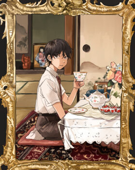 1boy backlighting belt black_hair brown_eyes brown_pants chabudai coincoinco collared_shirt cup cushion diagonal-striped_clothes diagonal-striped_necktie display_case flower fusuma hanging_scroll highres holding holding_cup ichimatsu_doll looking_at_viewer male_focus mizuki_hajime necktie pants parted_lips placemat red_necktie rug saucer school_uniform scroll seiza shirt shirt_tucked_in short_hair sitting sliding_doors socks solo striped_clothes table tablecloth tatami teacup tennis_no_ouji-sama v-shaped_eyebrows vase wavy_hair white_socks zabuton