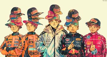 5boys baseball_cap black_eyes blue_eyes blue_racing_suit brown_hair charles_leclerc closed_eyes commentary crossed_arms english_commentary facial_hair ferrari formula_one george_russell grey_jacket hands_in_pockets hat hat_over_hat hewlett-packard highres hood hooded_jacket jacket lando_norris looking_at_another male_focus max_verstappen multiple_boys no_sclera one_eye_closed oscar_piastri pirelli racing_suit real_life red_bull shell_(company) simple_background smile sog_goog tag_heuer thumbs_up yellow_background