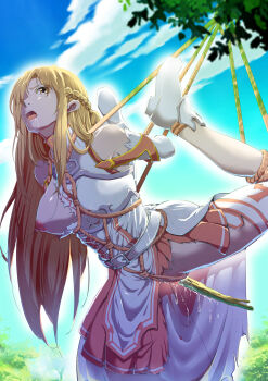 1girl absurdres armor arms_behind_back asuna_(sao) bdsm blonde_hair blue_sky bondage bound braid branch breastplate breasts brown_eyes brown_hair cloud commentary_request crotch_rope crown_braid crying crying_with_eyes_open day detached_sleeves eyelashes fan_che_yu_hakase female_focus from_below hair_over_one_eye half_up_braid highres knights_of_blood_uniform_(sao) large_breasts long_hair mixed-language_commentary nipples no_bra no_panties novelty_insertion object_insertion one_breast_out open_mouth outdoors pleated_skirt ponytail pussy_juice red_skirt restrained rope saliva saliva_trail shibari shirt short_ponytail skirt sky sleeveless sleeveless_shirt solo suspension sword_art_online tears teeth thighhighs tongue torn_clothes torn_shirt torn_skirt torn_thighhighs tree upper_teeth_only vaginal vaginal_object_insertion white_footwear white_shirt white_sleeves white_thighhighs