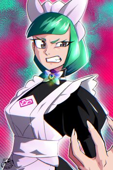 1girl absurdres apron blunt_bangs bow bowtie braid braided_ponytail breasts clenched_teeth green_hair highres juliet_sleeves lebanne_(pokemon) liquidzerom long_braid long_hair long_sleeves maid maid_apron maid_headdress medium_breasts mega_stone nintendo pink_lips pokemon pokemon_legends:_z-a puffy_sleeves teeth tsurime upper_body v-shaped_eyebrows white_bow white_bowtie