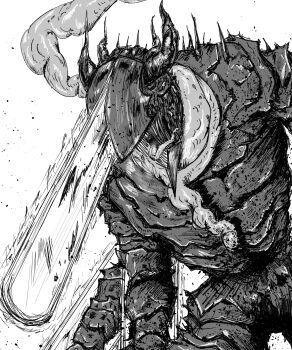 absurdres armor azuma_no_haha blood blood_on_face bloody_weapon chainsaw chainsaw_devil chainsaw_man commentary_request demon_horns greyscale highres horns intestine_clothing intestines long_tongue monochrome pochita_(chainsaw_man) sharp_teeth spiked_armor spikes teeth tongue weapon white_background