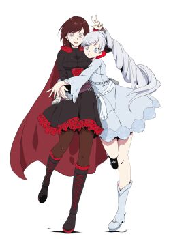 2girls absurdres blue_eyes boots cape dress grey_eyes highres hug long_hair multiple_girls pantyhose ponytail red_cape red_hair ruby_rose rwby short_hair simple_background smile tagme v vesperiastar weiss_schnee white_background white_dress white_hair yuri