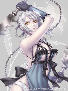 1girl bandaged_arm bandaged_leg bandages black_gloves braid breasts flower gloves grey_hair hair_flower hair_ornament highres kaine_(nier) lingerie looking_at_viewer natsumoto negligee nier nier_(series) panties short_hair solo sword underwear weapon white_hair