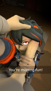 absurdres black_hair hair_between_eyes handjob headpat highres large_penis looking_at_viewer non-web_source one_eye_closed penis police police_uniform policewoman selfie snapchat source_filmmaker_(medium) tongue tongue_out wise_(zenless_zone_zero) zenless_zone_zero zhu_yuan