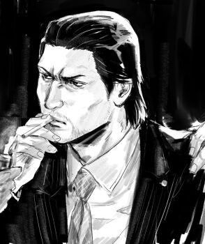Rule 34 | 1boy, beard, commentary request, dojima daigo, facial hair, formal clothes, hair slicked back, highres, lighter, lighting cigarette, male focus, monochrome, mullet, necktie, out of frame, ryuu ga gotoku (series), ryuu ga gotoku 3, serious, smoking, solo, solo focus, suit, tyag53