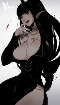 black_dress black_hair blood blood_splatter breasts cleavage code_vein_ii commentary crown dress earrings fangs goth_fashion highres jadwiga_(code_vein_ii) jewelry koyorin large_breasts mole mole_on_thigh nail_polish red_eyes signature slit_pupils tattoo vampire
