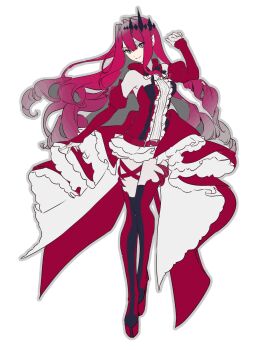 1girl baobhan_sith_(fate) baobhan_sith_(first_ascension)_(fate) baofka51865 boots breasts detached_sleeves dress fate/grand_order fate_(series) frilled_dress frills full_body grey_eyes hair_ornament hand_up high_heel_boots high_heels highres long_hair looking_at_viewer pink_hair platform_heels pointy_ears red_dress smile solo thigh_boots white_background