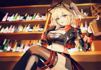 1girl alcohol bar_(place) belted_skirt black_jacket black_skirt black_thighhighs black_tube_top blonde_hair blurry blurry_background breasts burnice_white cleavage commentary_request cowboy_shot crossed_legs cup eyewear_on_head finger_to_cheek highres holding holding_cup jacket large_breasts midriff navel open_mouth red-tinted_eyewear red_eyes short_twintails sitting skirt solo spiked_jacket ss4xl strapless sunglasses thighhighs tinted_eyewear tube_top twintails zenless_zone_zero