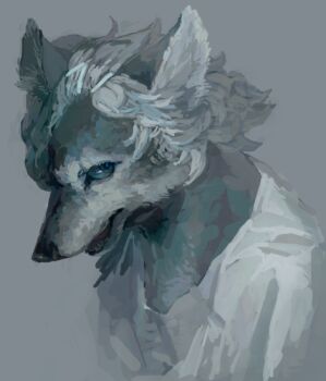 1boy blue_eyes body_fur commentary_request furry furry_male grey_background grey_fur grey_hair looking_at_viewer male_focus nagabe original shirt short_hair simple_background solo upper_body wolf_boy