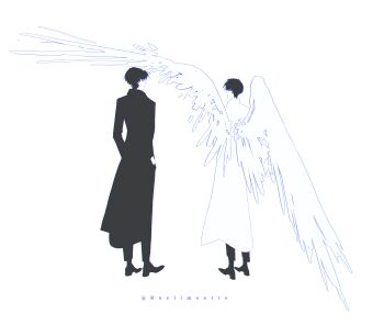 2boys absurdres black_coat black_hair coat commentary facing_away feathered_wings hands_in_pockets height_difference highres kim_dokja male_focus multiple_boys omniscient_reader&#039;s_viewpoint open_clothes open_coat roellm short_hair standing symbol-only_commentary white_coat white_wings wings yoo_joonghyuk
