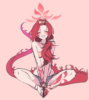 1girl bare_shoulders bikini bikini_bottom_under_shorts bikini_under_clothes blue_archive closed_eyes collarbone commentary denim denim_shorts dragon_girl dragon_horn dragon_tail flip-flops gohan_(gohanchang) grin hair_ribbon halo halterneck head_tilt highres knees_apart_feet_together long_hair official_alternate_costume red_hair renge_(blue_archive) renge_(swimsuit)_(blue_archive) ribbon sandals shorts simple_background sitting smile soles_together solo swimsuit tail white_ribbon yellow_ribbon