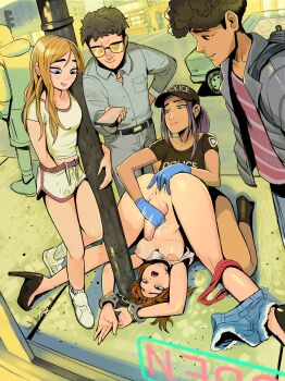 Rule 34 | 3boys, 3girls, absurdres, arttheratpist, black hair, black leotard, blue eyeshadow, blush, bound, bound wrists, breasts, brown eyes, brown hair, car, cellphone, closed mouth, clothes lift, commentary, commission, cuffed, cuffs, dolphin shorts, english commentary, eyeshadow, femdom, fingering, full-package futanari, futa with female, futanari, futasub, green eyes, handcuffs, handjob, high heels, highres, holding, holding phone, large breasts, leotard, long hair, makeup, motor vehicle, multiple boys, multiple girls, nipples, no bra, open mouth, original, outdoors, panties, panties around leg, parted lips, partially colored, penis, phone, police, police uniform, policewoman, public indecency, purple hair, red panties, road, shirt lift, short hair, shorts, shorts around one leg, sleeved leotard, smartphone, smile, spread legs, street, uncensored, underwear, visor cap