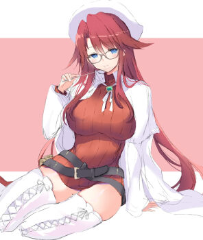 1girl artist_request aty_(summon_night) belt blue_eyes blue_pupils boots breasts coat glasses hat lace-up_boots large_breasts long_hair looking_at_viewer red_background red_hair red_sweater simple_background sitting solo summon_night summon_night_3 sweater thigh_boots white_background white_boots white_coat white_hat