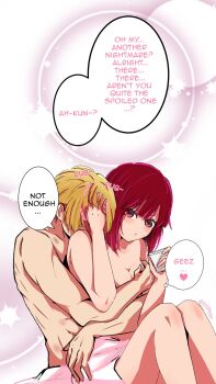 Rule 34 | 1boy, 1girl, achermy18, aftersex, arima kana, bed sheet, bite mark, blonde hair, blush, bob cut, breasts, cleavage, collarbone, commentary, completely nude, english commentary, grabbing another's breast, groping, hetero, hickey, highres, hoshino aquamarine, hug, hug from behind, implied after sex, legs, medium breasts, nude, open clothes, open mouth, open shirt, oshi no ko, red eyes, red hair, short hair