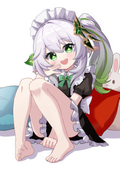 Rule 34 | 1girl, absurdres, alternate costume, bare legs, barefoot, black dress, bow, bowtie, chinese commentary, commentary request, cross-shaped pupils, dress, feet, full body, genshin impact, gradient hair, green bow, green bowtie, green eyes, green hair, grey hair, highres, knees up, looking at viewer, maid, maid headdress, multicolored hair, nahida (genshin impact), open mouth, pointy ears, puffy short sleeves, puffy sleeves, short sleeves, side ponytail, sitting, solo, streaked hair, symbol-shaped pupils, teeth, toes, upper teeth only, yaoli (ysxbd)