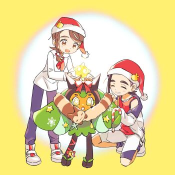 1boy 1girl black_hair bow braid brown_eyes brown_hair candy candy_cane christmas closed_eyes food furret gen_2_pokemon gen_7_pokemon grin hashtag-only_commentary hat highres holding jacket juliana_(pokemon) kieran_(pokemon) long_sleeves minior minior_(core) minior_(yellow_core) nekoniko777 nintendo ogerpon on_one_knee open_clothes open_jacket pants pokemon pokemon_(creature) pokemon_sv purple_hair red_bow red_tank_top santa_hat shoes shorts simple_background smile star-shaped_pupils star_(symbol) symbol-shaped_pupils tank_top white_jacket white_shoes