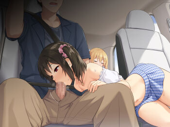 2girls bare_shoulders black_hair blonde_hair blush breasts breath car car_interior car_seat censored choker closed_eyes driving fellatio highres kyokon_no_ani,_namaiki_de_do-m_na_imouto_to_ichaicha_suru+ large_breasts legs lying medium_hair midriff mosaic_censoring motor_vehicle multiple_girls navel oral original penis red_eyes sawada_yuusuke seatbelt side_ponytail sitting skirt sleeping thighs
