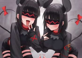 3girls absurdres animal_ear_fluff animal_ears backup_dancer_(hakos_baelz) black_hair black_jacket blindfold_mask blush bow breasts closed_mouth commentary_request cowboy_shot crop_top doodle_inset facing_viewer finger_to_face fingerless_gloves gloves grey_background hakos_baelz hand_on_own_chest highres hololive hololive_english ilie_ilie jacket leaning_forward long_sleeves mask mouse_ears mouse_girl mouse_tail multiple_girls open_mouth sharp_teeth shirt tail tail_bow tail_ornament taut_clothes taut_shirt teeth thigh_strap thighhighs tongue tongue_out virtual_youtuber
