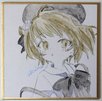 Rule 34 | 1girl, absurdres, ahoge, beret, black bow, black hat, blush, bow, brown eyes, brown hair, collared shirt, commentary request, flower, hair flower, hair ornament, hat, hatoba tsugu, highres, parted lips, photo (medium), sha2mo, shikishi, shirt, signature, solo, suspenders, traditional media, tsugu (vtuber), virtual youtuber, white flower, white shirt