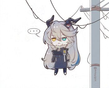 Rule 34 | ..., 1girl, black coat, black horns, chibi, chibi only, closed mouth, coat, commentary, english commentary, expressionless, fur-trimmed coat, fur trim, grey hair, hair between eyes, hanging, heterochromia, horns, long hair, marcy vulpin, outdoors, pole, power lines, solo, speech bubble, stuck, sunbringer (zenless zone zero), transmission tower, utility pole, white background, zenless zone zero