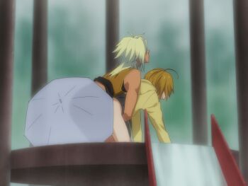 1boy 1girl animated animated_gif antenna_hair bare_legs black_skirt blonde_hair charaleet_(precure) dark-skinned_male dark_skin doggystyle hetero hood hoodie hugtto!_precure kagayaki_homare mushiro_(nijie728995) precure rain sex sex_from_behind shirt short_hair skirt sleeveless sleeveless_shirt umbrella yellow_hoodie