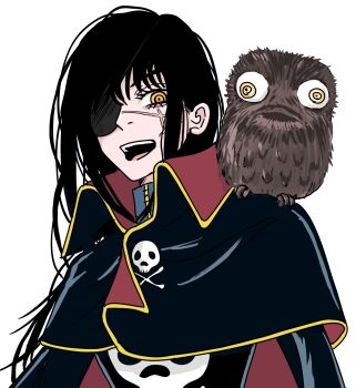 1girl alternate_costume bird black_cloak black_hair black_shirt chainsaw_man cloak cosplay eyepatch facial_scar harlock harlock_(cosplay) harlock_saga highres long_hair mamaron88 open_mouth owl ringed_eyes scar scar_on_cheek scar_on_face shirt simple_background skull_and_crossbones skull_print teeth uchuu_kaizoku_captain_harlock upper_teeth_only war_devil_(chainsaw_man) white_background yellow_eyes yoru_(chainsaw_man)