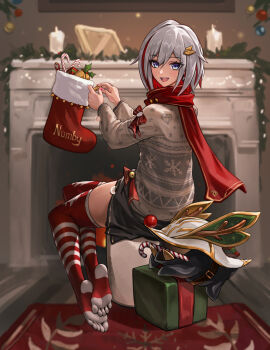 1girl blue_eyes christmas christmas_stocking christmas_sweater coin colored_inner_hair fireplace gold_coin grey_hair highres honkai:_star_rail honkai_(series) imdrunkontea looking_at_viewer multicolored_hair no_shoes numby_(honkai:_star_rail) red_hair scarf short_hair sitting streaked_hair thighhighs topaz_(honkai:_star_rail) trotter_(honkai:_star_rail)