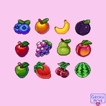 Rule 34 | apple, banana, blueberry, cherry, commentary, english commentary, food, food focus, fruit, geckiiarts, grapes, green apple, leaf, no humans, orange (fruit), original, peach, pear, pixel art, plum, purple background, simple background, still life, strawberry, watermelon