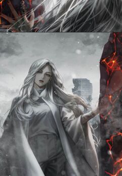 Rule 34 | 1girl, aegyo sal, black eyes, blackbox (blackbox9158), building, cloud, cloudy sky, coat, floating hair, hair over shoulder, hand up, head tilt, lee seolhwa, long hair, looking at viewer, official art, omniscient reader's viewpoint, outdoors, ruins, shirt, sky, skyscraper, snowing, solo, third-party source, white coat, white hair, white shirt