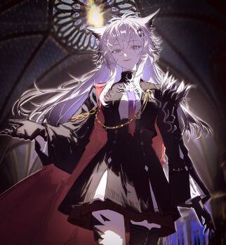 1girl aiguillette animal_ears arknights artist_request black_gloves black_jacket black_skirt breasts cape chinese_commentary commentary_request cowboy_shot gloves gradient_necktie grey_eyes grey_hair hair_between_eyes hair_ornament hairclip highres jacket lappland_(arknights) lappland_the_decadenza_(arknights) long_hair long_sleeves looking_at_viewer material_growth multicolored_necktie necktie oripathy_lesion_(arknights) red_cape scar scar_across_eye scar_on_face second-party_source shirt skirt smile solo standing two-tone_necktie wolf_ears wolf_girl