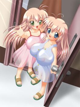 2girls blue_dress blue_eyes breasts dress female_focus full_body green_eyes hajimete_no_orusuban huge_breasts looking_at_viewer multiple_girls oppai_loli pink_dress sandals see-through_clothes siblings sin-go sisters standing third-party_edit twins