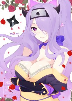Rule 34 | 1girl, arm guards, bare shoulders, breasts, camilla (fire emblem), camilla (ninja) (fire emblem), choker, cleavage, closed mouth, commentary request, demon horns, dress, falling petals, fire emblem, fire emblem fates, fire emblem heroes, fishnet top, fishnets, flower, forehead protector, gloves, hair ornament, hair over one eye, hair spread out, high ponytail, highres, horns, japanese clothes, large breasts, long hair, looking at viewer, neck ribbon, ninja, nintendo, obi, obijime, off-shoulder dress, off shoulder, official alternate costume, official alternate hairstyle, parted bangs, petals, ponytail, purple choker, purple eyes, purple gloves, purple hair, purple ribbon, red flower, red petals, red rose, ribbon, ribbon choker, rose, sash, shuriken, smile, solo, swept bangs, sylphy fe, upper body, watermark, weapon, wrist guards