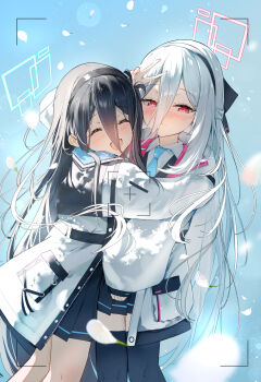 2girls absurdres aqua_halo aqua_necktie aris_(blue_archive) black_skirt black_thighhighs blue_archive blue_hair blush closed_eyes closed_mouth commentary_request hair_between_eyes halo happy highres hug jacket kei_(blue_archive) kei_(new_body)_(blue_archive) long_hair long_hair_between_eyes multiple_girls necktie open_mouth pink_halo pleated_skirt rectangular_halo red_eyes sangnoksu school_uniform skirt smile thighhighs very_long_hair white_hair white_jacket zettai_ryouiki