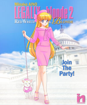 1girl aino_minako artemis_(sailor_moon) beret bishoujo_senshi_sailor_moon blonde_hair bow cat hair_bow hat high_heels legally_blonde long_hair looking_at_viewer pencil_skirt pink_bow pink_headwear pink_sandals pink_shirt pink_skirt sandals saotome_nanda shirt skirt smile united_states_capitol washington_d.c. white_fur