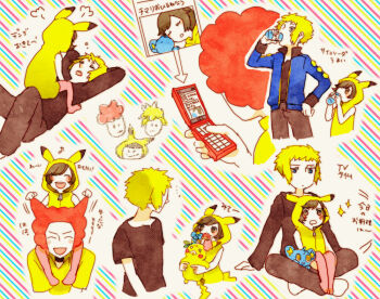 1girl 2boys afro black_shirt blonde_hair carrying child&#039;s_drawing cosplay drinking flint_(pokemon) gen_1_pokemon gen_4_pokemon hand_on_own_hip holding holding_phone looking_at_another looking_at_phone multiple_boys multiple_views nintendo phone piggyback pikachu pikachu_(cosplay) poke_kid_(pokemon) pokemon pokemon_(creature) pokemon_dppt shinx shirt smile suzzy translation_request volkner_(pokemon)
