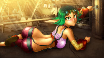 1girl ass bandaged_arm bandages bare_shoulders belt blush breasts clothes dimples_of_venus female_focus goggles goggles_on_head green_eyes green_hair indoors jak_and_daxter keira_hagai large_breasts large_ears light_rays looking_at_viewer looking_back matching_hair/eyes midriff pants pointy_ears short_hair solo sunbeam sunlight suspenders sweat tank_top wrench yuqoi