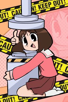 Rule 34 | 1girl, azumanga daioh's school uniform, azumanga daiou, black eyes, brown hair, caution tape, digging your own grave, evilfrap, halftone, highres, hydraulic press, kasuga ayumu, kneeling, long sleeves, looking at viewer, medium hair, no shoes, open mouth, pink serafuku, pink shirt, sailor collar, school uniform, serafuku, shirt, skirt, smile, socks, solo, thumbs up, white sailor collar, white socks, winter uniform