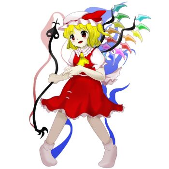 Rule 34 | ascot, blonde hair, crystal, double, double dealing character, embodiment of scarlet devil, flandre scarlet, multicolored wings, non-web source, touhou, wings, yellow ascot, zun (style)