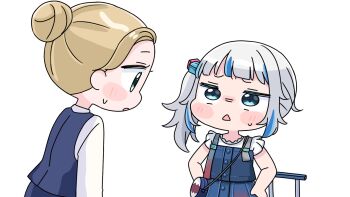 2girls :&lt; :o bag blue_dress blue_eyes blue_hair blue_skirt blue_vest blush_stickers brown_hair cube_hair_ornament dress gawr_gura gawr_gura_(casual) grey_hair hair_bun hair_ornament hands_on_own_hips highres hololive hololive_english long_hair mochimiko multicolored_hair multiple_girls parted_lips profile shirt shoulder_bag side_ponytail simple_background skirt sleeveless sleeveless_dress small_sweatdrop streaked_hair sweat triangle_mouth vest virtual_youtuber white_background white_shirt