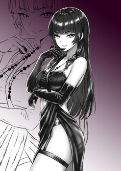 Rule 34 | absurdres, bad link, bubblebebe (artist), dress, elbow gloves, evening gown, finger to face, garter belt, gloves, highres, indie virtual youtuber, jewelry, leather, leather gloves, looking at viewer, mole, mole under eye, no panties, rei (bubblebebe), smile