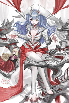 1girl absurdres alternate_costume bang_dream! bang_dream!_it's_mygo!!!!! blue_hair breasts breasts_apart collarbone commentary_request cosplay crossed_legs dated doll dress elesh_norn elesh_norn_(cosplay) full_body headpiece highres long_hair looking_at_viewer magic:_the_gathering making-of_available medium_breasts no_shoes parted_lips plunging_neckline signature sitting smile solo thighhighs toes togawa_sakiko togawa_sakiko's_doll white_thighhighs yellow_eyes yitai_zhi_meng