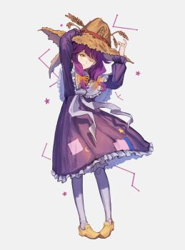 1girl ;o absurdres arms_up commentary constellation crescent_print dress elune_(elune3993) english_commentary frilled_dress frilled_shawl frilled_sleeves frills full_body grey_background hand_on_headwear hat highres little_goody_two_shoes long_hair long_sleeves looking_at_viewer one_eye_closed pantyhose parted_lips patchwork_clothes purple_dress rozenmarine_(little_goody_two_shoes) shawl shoes simple_background solo star_(symbol) star_print straw_hat white_pantyhose white_shawl witch_hat yellow_eyes yellow_shoes