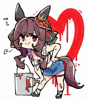 1girl animal_ears breasts brown_hair chibi commentary_request ear_covers gentildonna_(umamusume) hair_between_eyes hair_ornament heart heart-shaped_ornament heart_ear_ornament highres holding holding_paintbrush horse_ears horse_girl horse_tail large_breasts long_hair looking_at_viewer paint paint_can paint_on_body paintbrush red_eyes simple_background smile solo tail takatsuki_nato umamusume