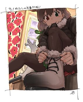 1girl animal_ears antlers blush boots brown_boots brown_coat brown_hair brown_pantyhose coat commentary_request deer_ears extra_ears fur_collar fur_trim glove_in_mouth gloves gradient_boots green_eyes green_skirt heterochromia highres horns kemono_friends kemono_friends_3 long_hair mouth_hold pantyhose pleated_skirt red_eyes red_skirt reindeer_(kemono_friends) reindeer_antlers reindeer_girl siberian_shima sitting skirt smile solo translation_request twintails two-tone_skirt tying_footwear white_boots white_fur winter_clothes winter_coat