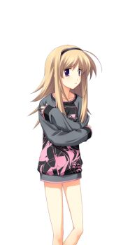 1girl arms_around_self bare_legs black_hairband blonde_hair blood_tune bottomless breasts chaos;head character_name character_print facing_viewer from_side game_cg hairband long_sleeves looking_at_viewer loungewear matsuo_yukihiro nishijou_nanami non-web_source official_art pink_trim profile purple_eyes science_adventure seira_orgel small_breasts solo sprite sweater swept_bangs transparent_background worried